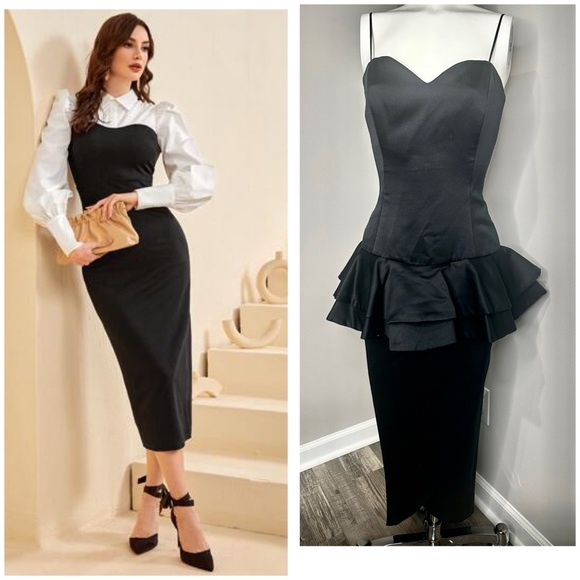 JULIE DUROCHE VINAGE BLACK PEPLUM DRESS WITH FRONT TULIP SLIT 
SIZE -10 - Picture 3 of 10